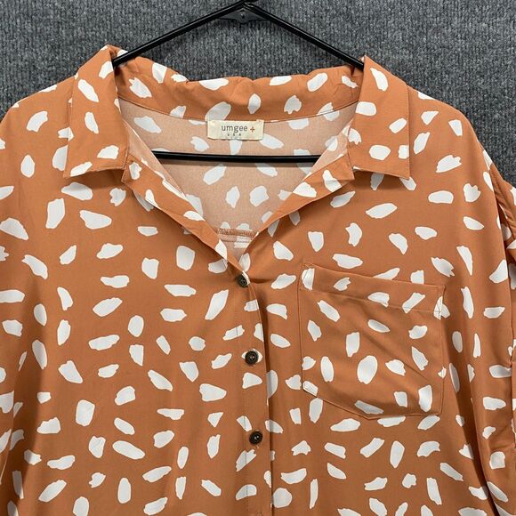 UMGEE Blouse Top Womens M Beige Polka Dots Button Up Short Sleeve Lightweight - Picture 2 of 8